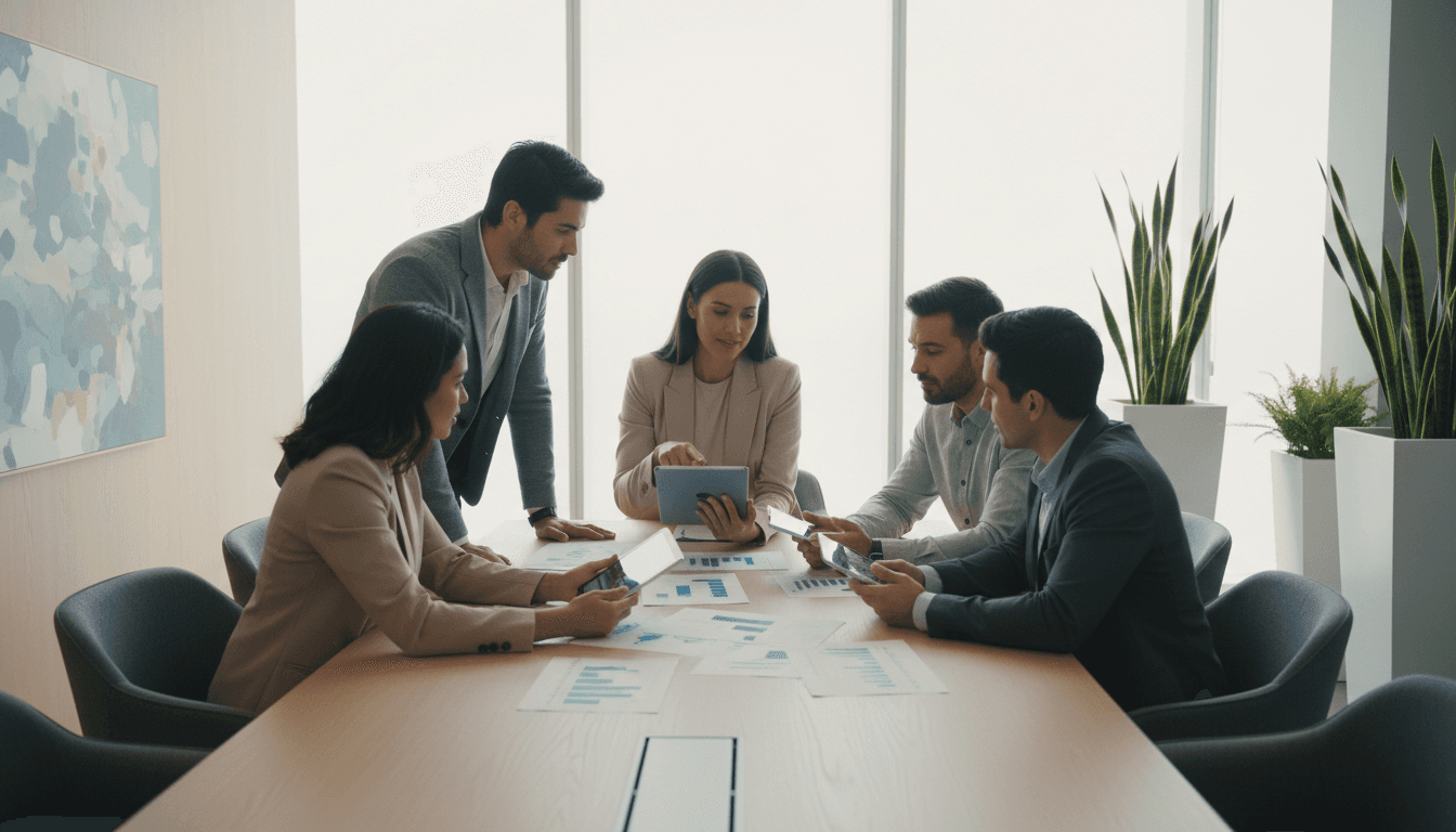 Business professionals collaborating around a table with Asian and Middle Eastern expansion maps