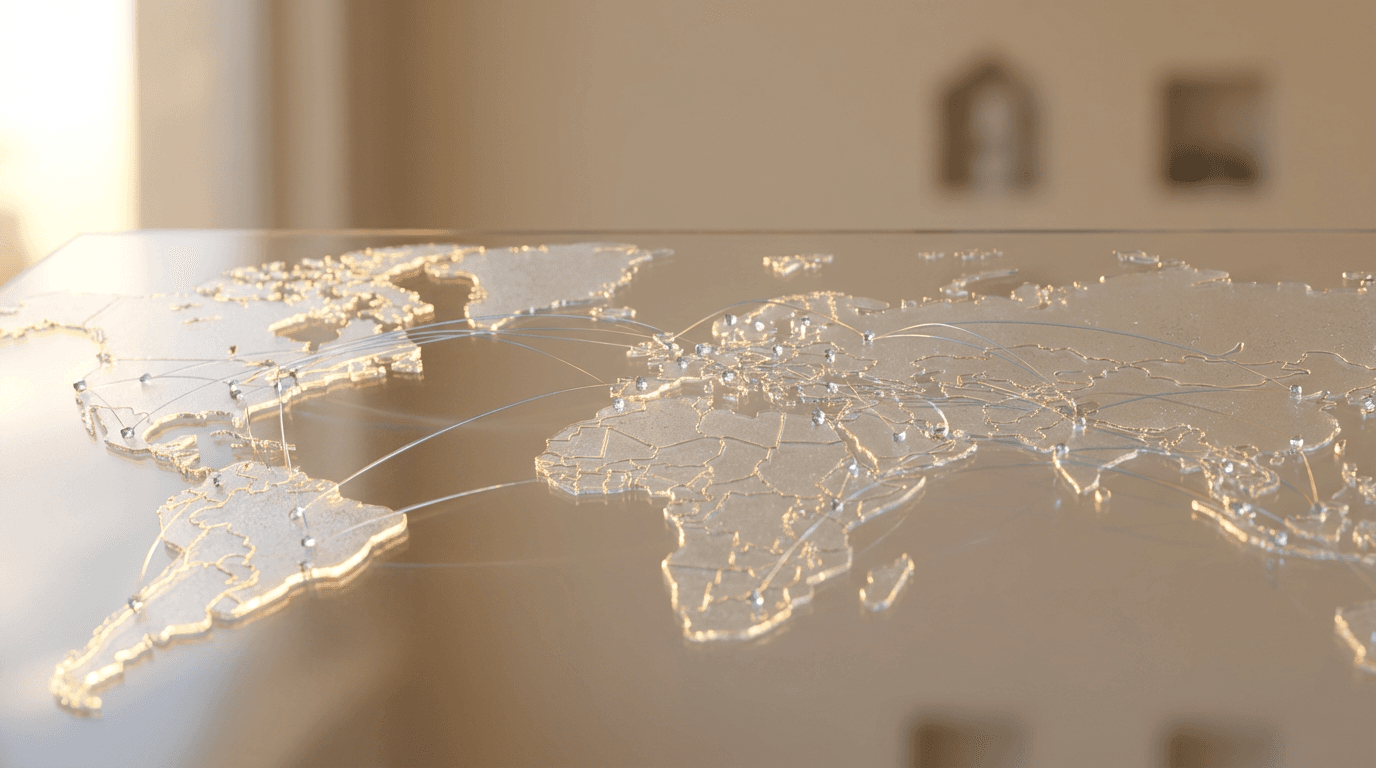 Interactive global map showing Grand Flying Technology Group's service regions across Asia and Middle East