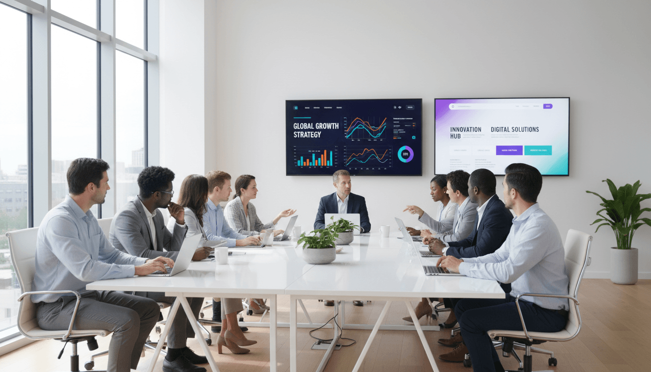 Professional team collaborating on international business expansion strategy